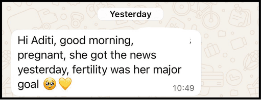 Message to the Sia team sharing that a client is pregnant and fertility had been her major goal