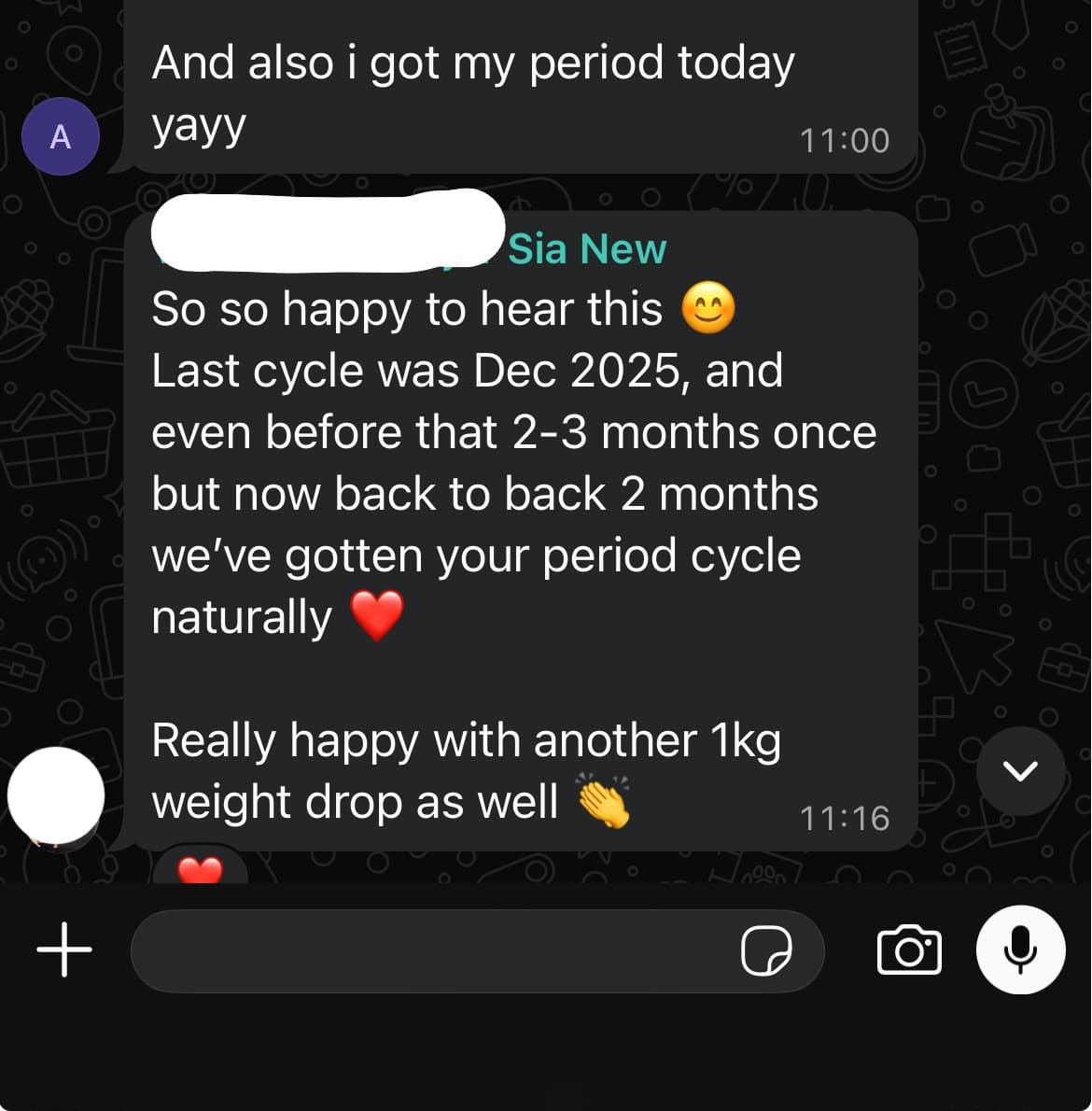 Coach message noting the client's cycle arrived two months back to back naturally, with another kilo lost