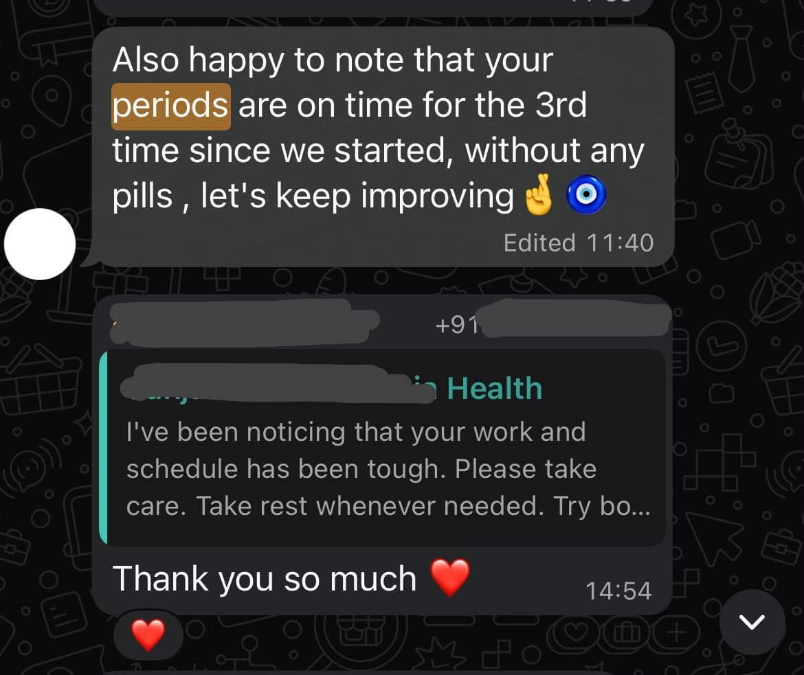 Coach message confirming the client's periods arrived on time for the third cycle since starting, without pills