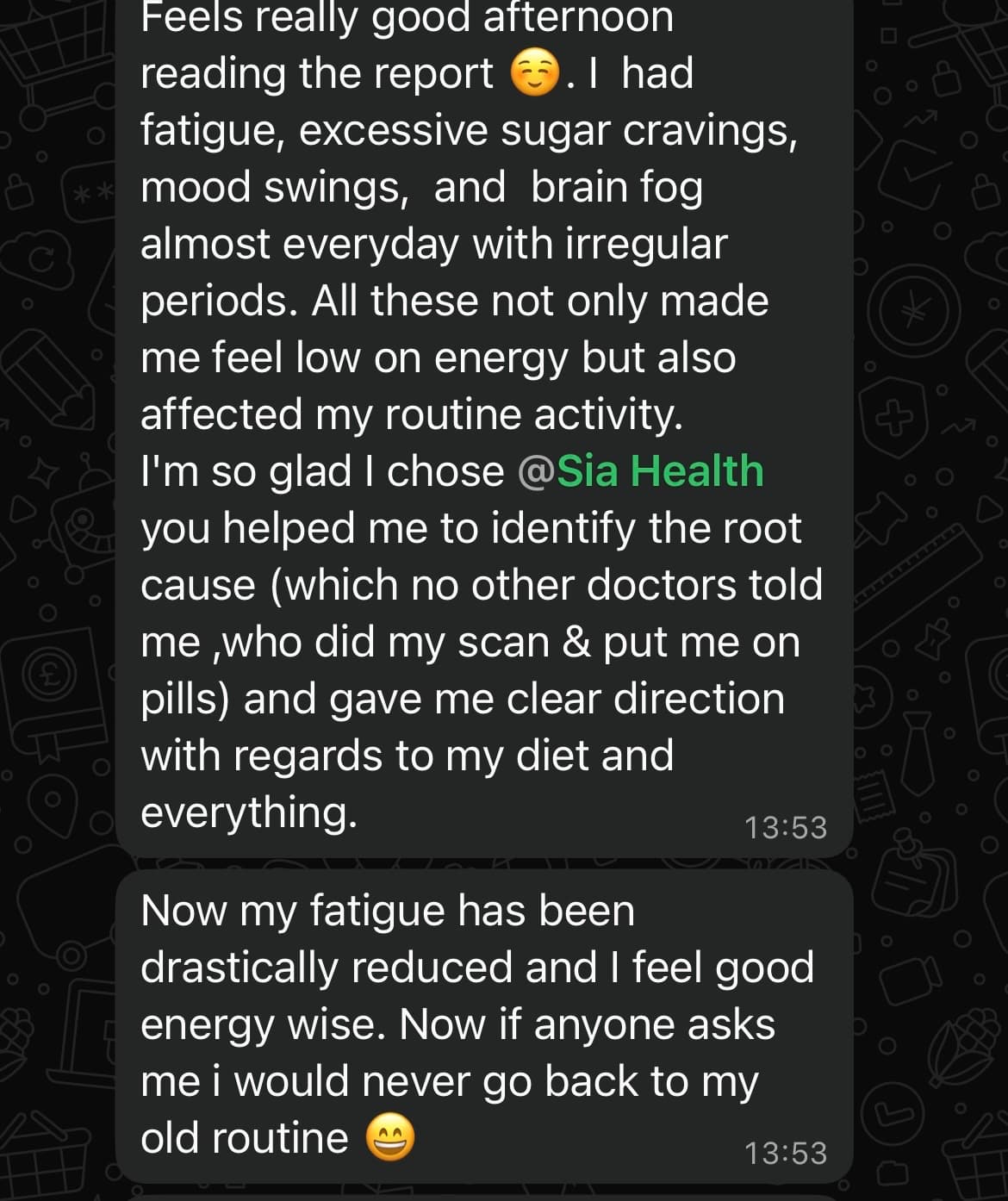 Client message about fatigue, sugar cravings, mood swings and brain fog easing after the root cause was identified
