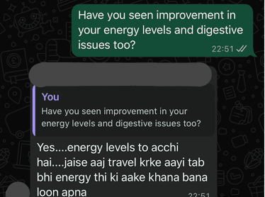 Client message saying her energy levels are good, with enough left after travelling to cook her own meal