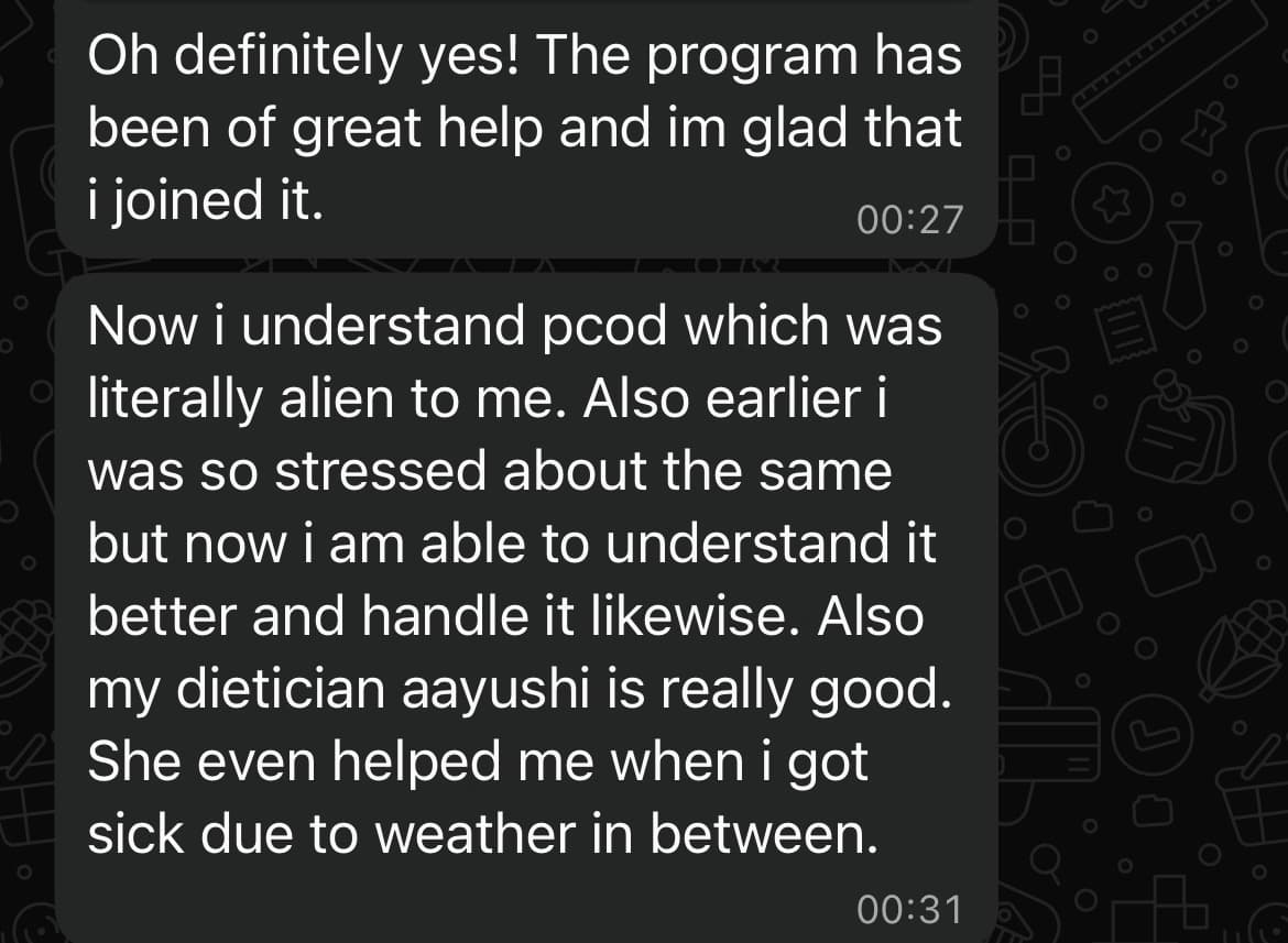 Client message about finally understanding PCOD and feeling less stressed about it