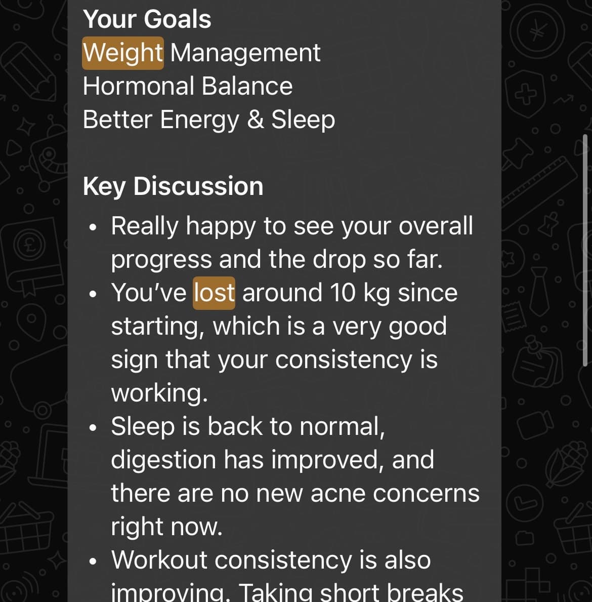Progress review noting around 10 kg lost since starting, with sleep back to normal and digestion improved