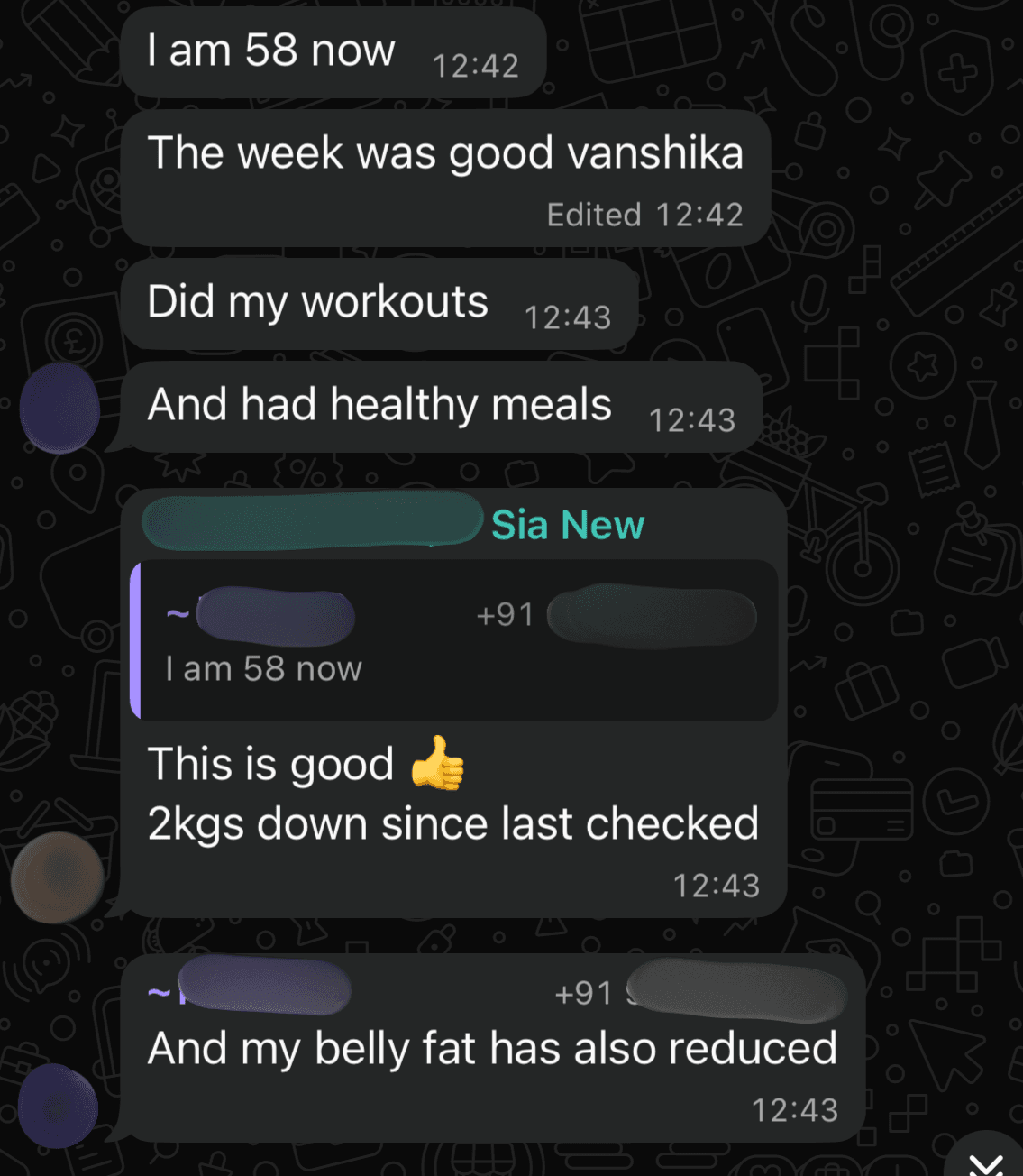 Client message reporting 58 kg, 2 kg down since last checked, with belly fat also reduced