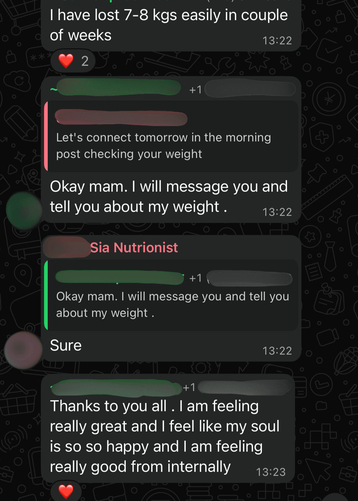 Client message reporting 7 to 8 kg lost and feeling really good internally