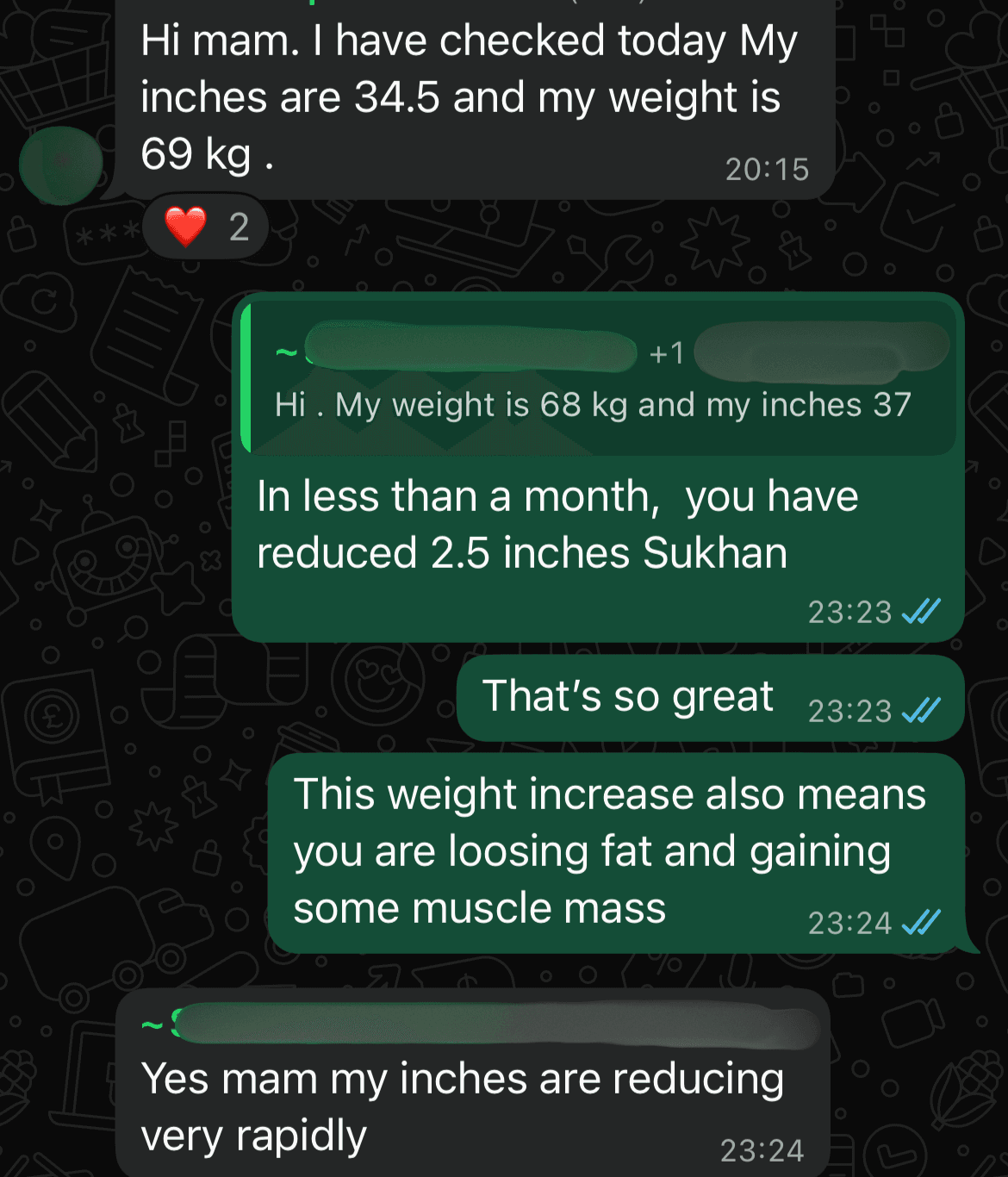Coach message telling a client she has reduced 2.5 inches in less than a month, explaining that a slight weight rise means fat lost and muscle gained