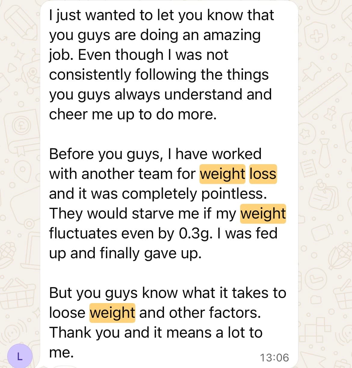 Client message comparing a previous weight-loss team that starved her with the support she gets from Sia